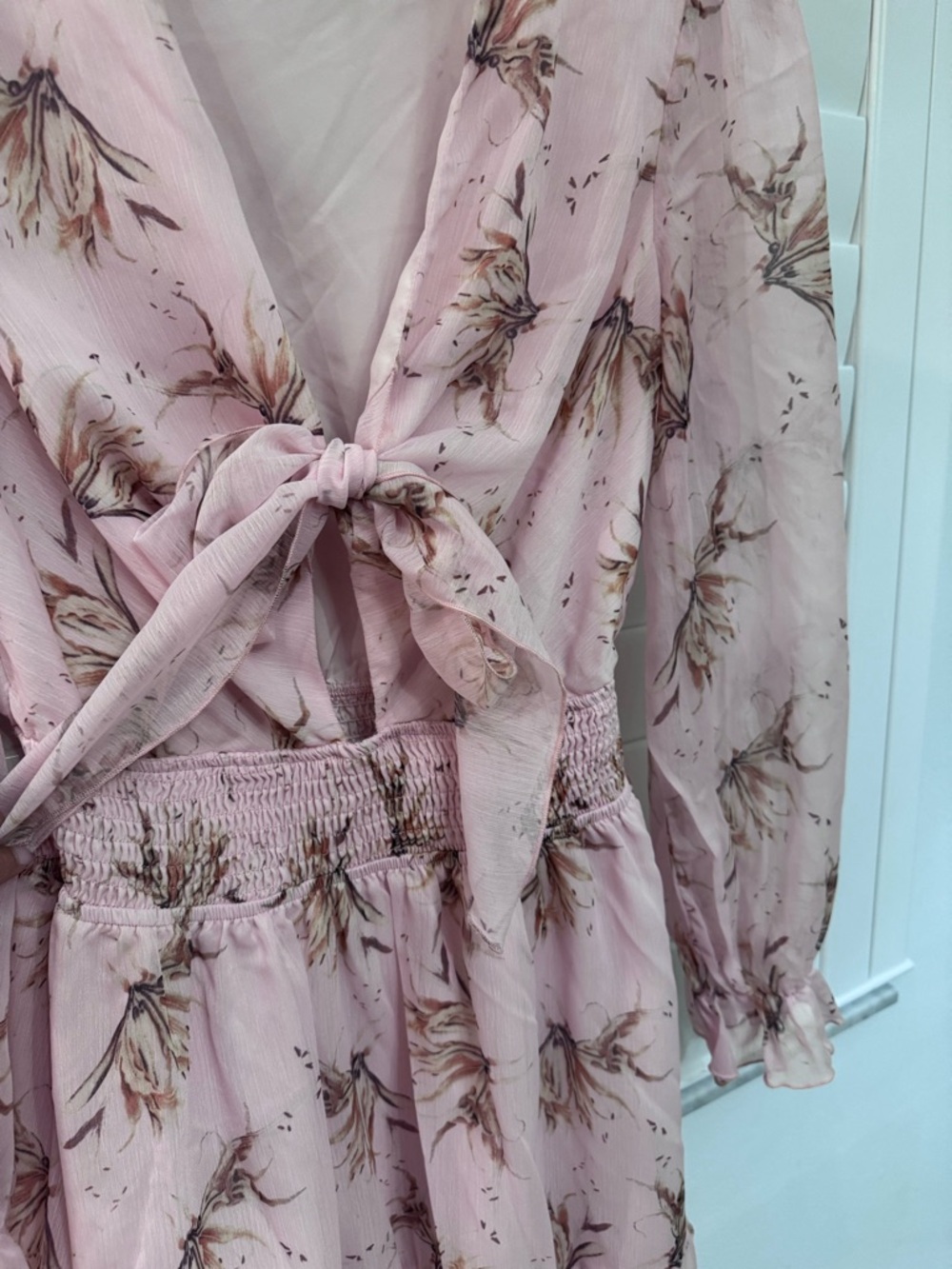 Tie-Front Pink Floral Ruffle Mini Dress - Picture 3 of 7